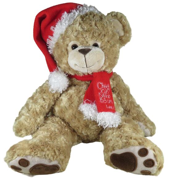 Fiesta Christian Christmas Bear Plush 21" with Santa Hat & Scarf Stuffed Animal - Picture 1 of 16